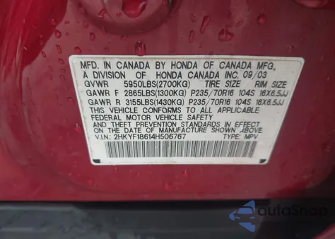 2004 Honda Pilot Ex-L z USA, uszkodzony, nr VIN 2HKYF18614H506767